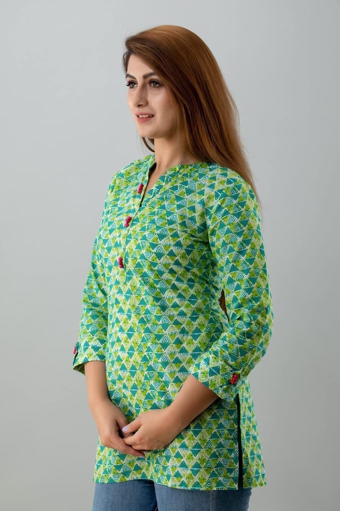 JAIPURETHNICWEAVESWomens Cotton Cambric Block Print Straight Tunic (Green)