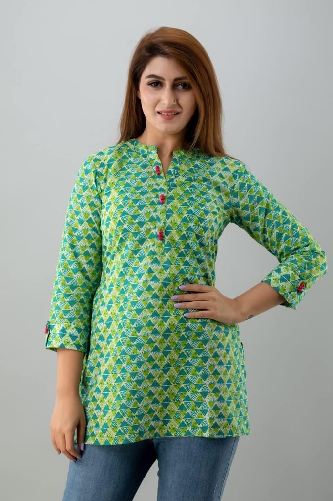 JAIPURETHNICWEAVESWomens Cotton Cambric Block Print Straight Tunic (Green)