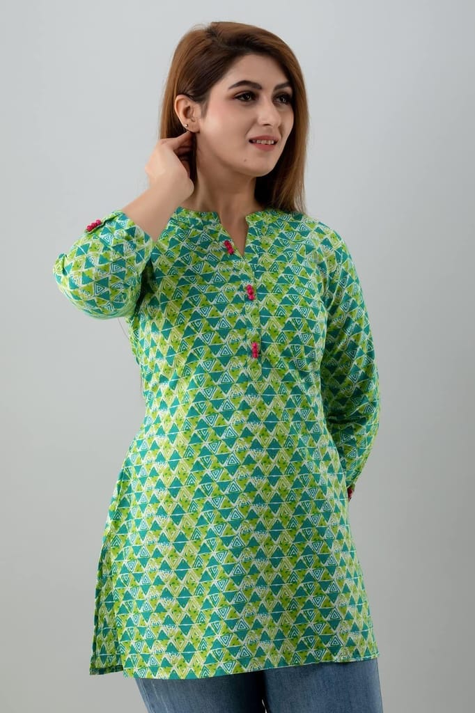 JAIPURETHNICWEAVESWomens Cotton Cambric Block Print Straight Tunic (Green)