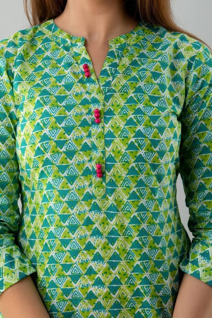 JAIPURETHNICWEAVESWomens Cotton Cambric Block Print Straight Tunic (Green)