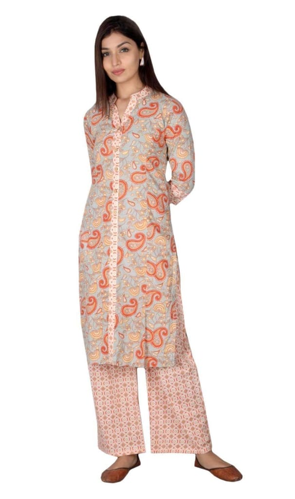 JAIPURETHNICWEAVES Women's Cotton Cambric Paisley Printed Straight Kurta & Palazzo Set