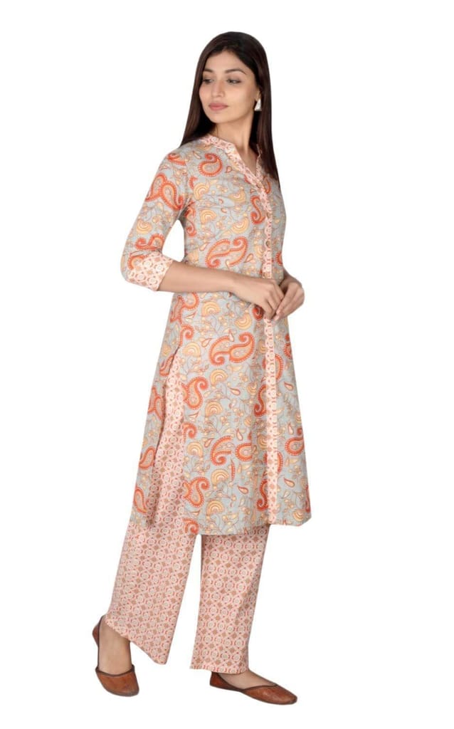 JAIPURETHNICWEAVES Women's Cotton Cambric Paisley Printed Straight Kurta & Palazzo Set
