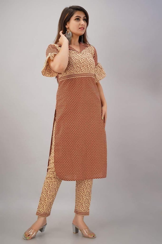 JAIPURETHNICWEAVES Women's Cotton Cambric Buti Printed Straight Kurta Pants & Dupatta Set