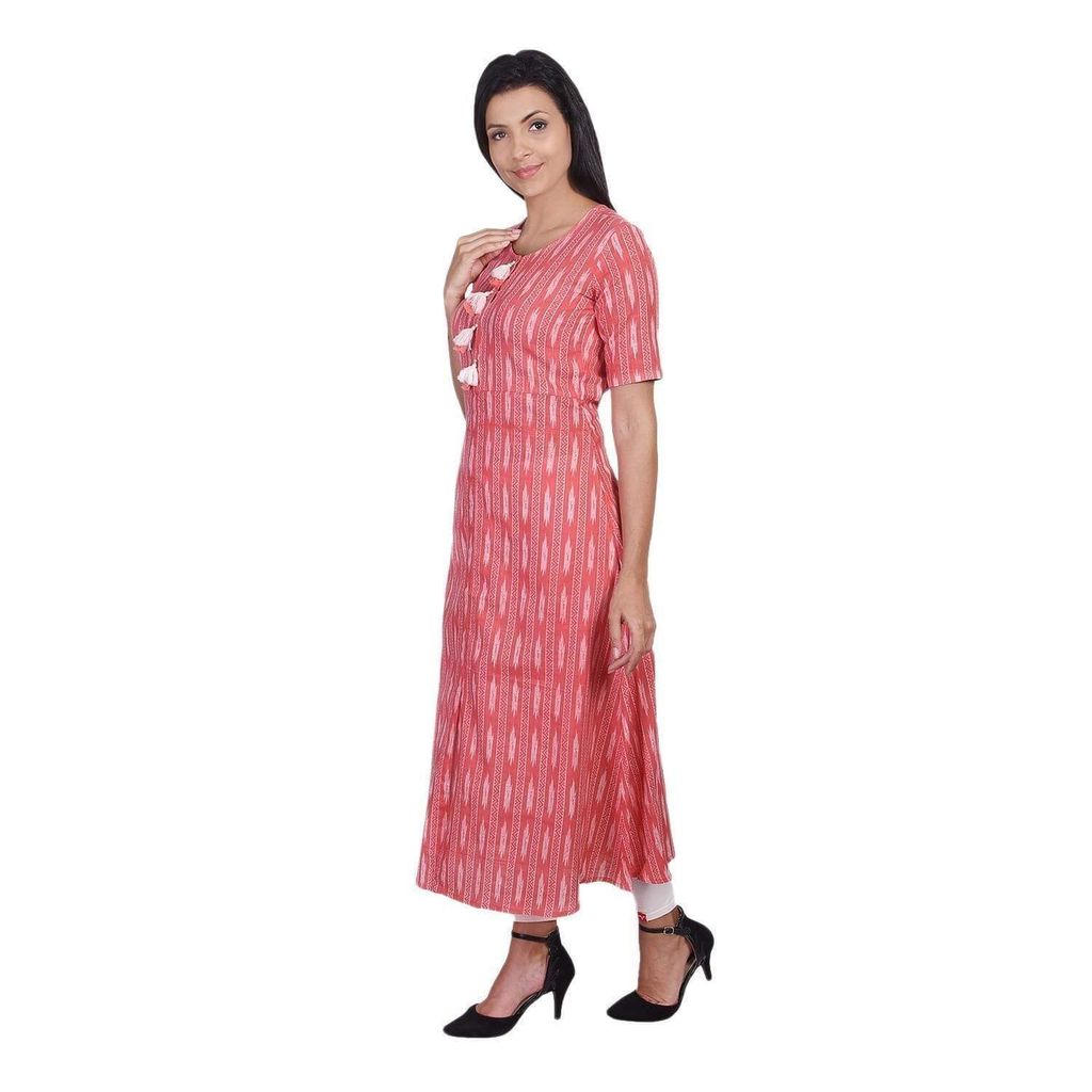 JAIPURETHNICWEAVES Women's Cotton Ikat Printed A-Line Kurta (Pink & White)