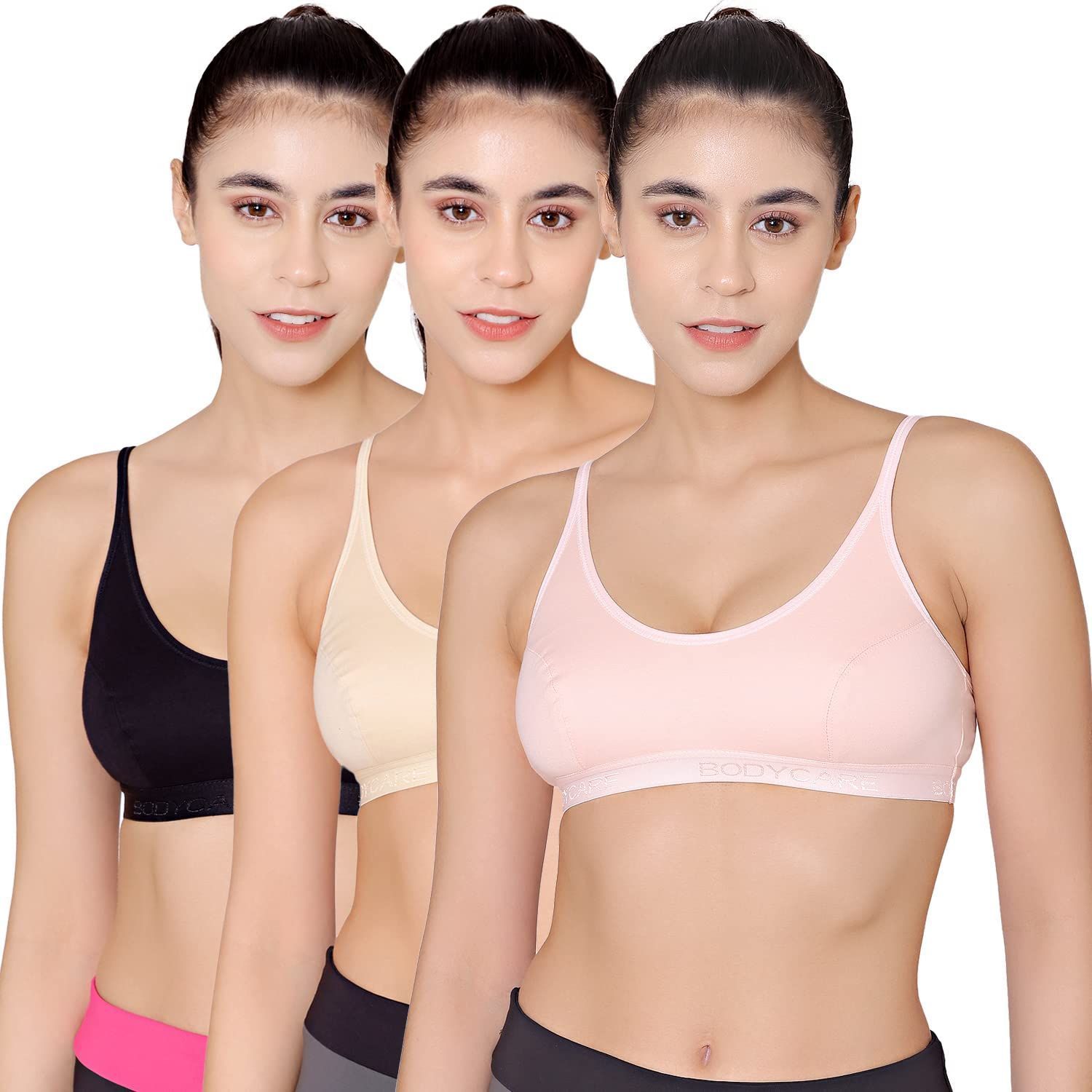 BODYCARE Women's Non Padded Non-Wired Sports Bra (Pack of 3)