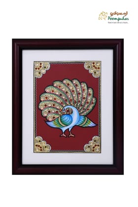 Poompuhar Peacock Tanjore Painting (Gold Foil Work, 8X10 inch), Multicolour )
