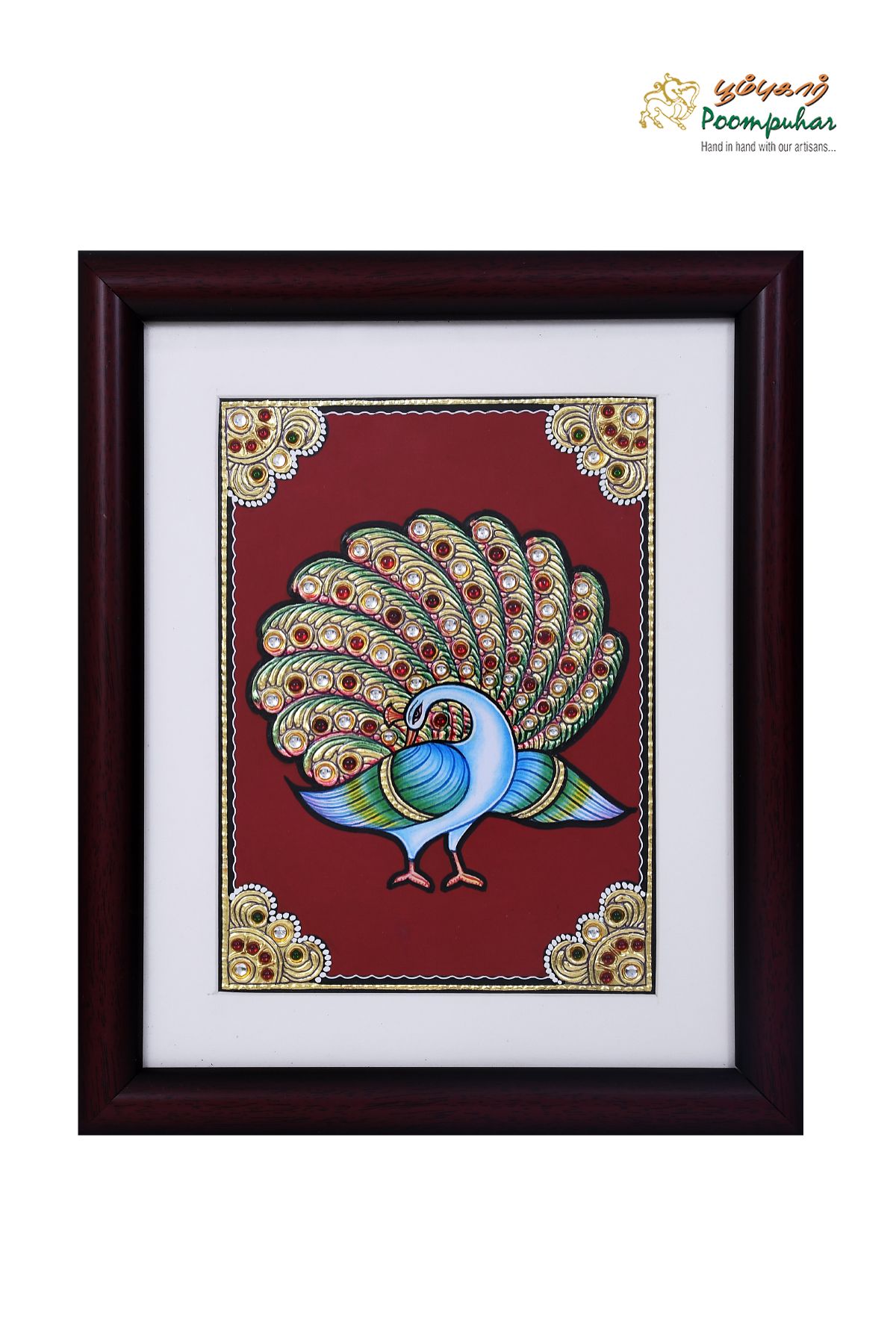 Poompuhar Peacock Tanjore Painting (Gold Foil Work, 8X10 inch), Multicolour )