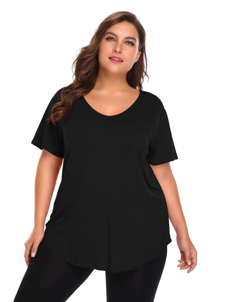 BELAROI Women Plus Size V-Neck Black Tunic Top Loose T Shirt with Pocket