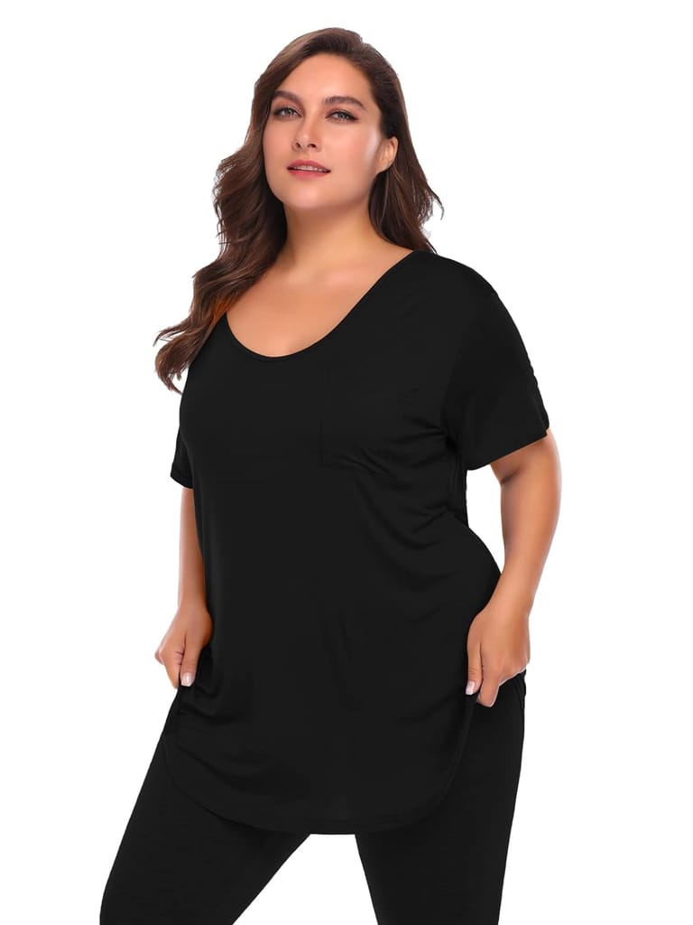 BELAROI Women Plus Size V-Neck Black Tunic Top Loose T Shirt with Pocket