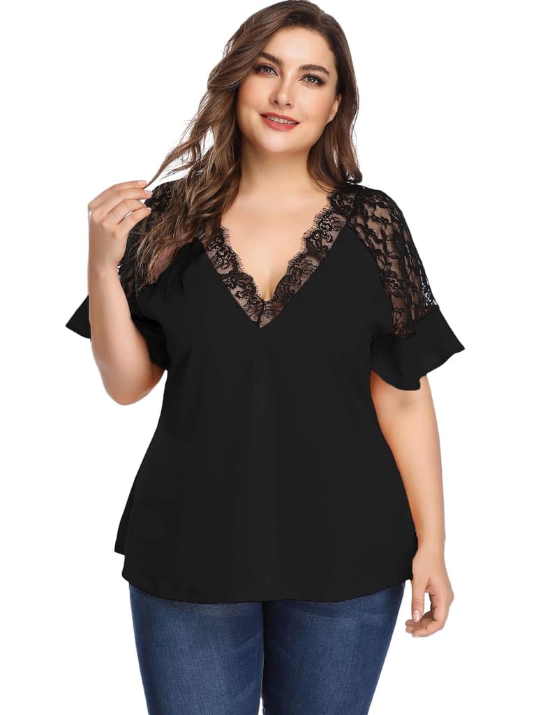 BELAROI Women's Plus Size Elegant Short Sleeve Work Office Lace Deep V Neck Flounce Blouse