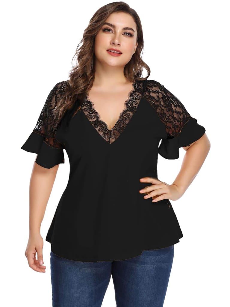 BELAROI Women's Plus Size Elegant Short Sleeve Work Office Lace Deep V Neck Flounce Blouse