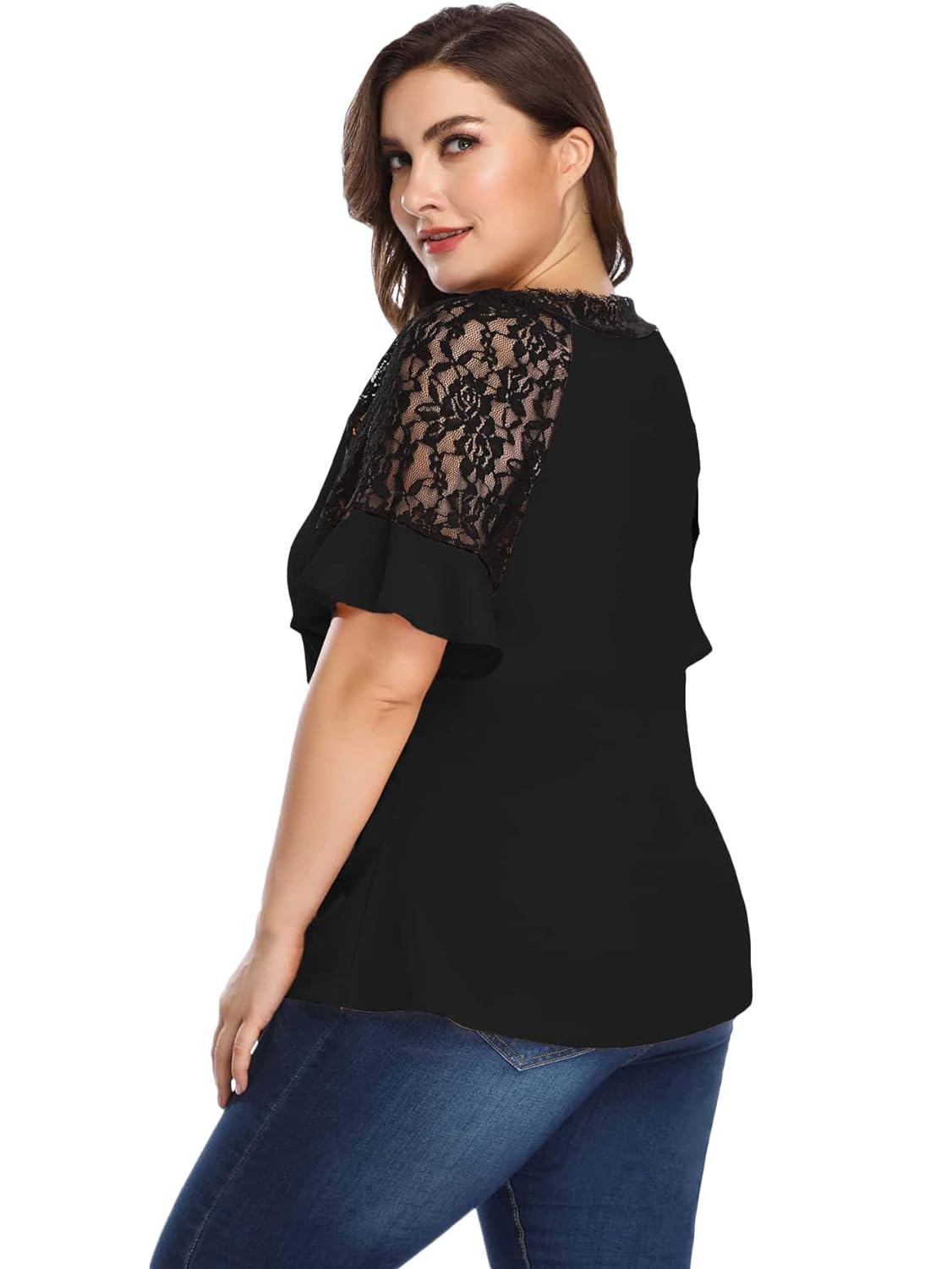 BELAROI Women's Plus Size Elegant Short Sleeve Work Office Lace Deep V Neck Flounce Blouse