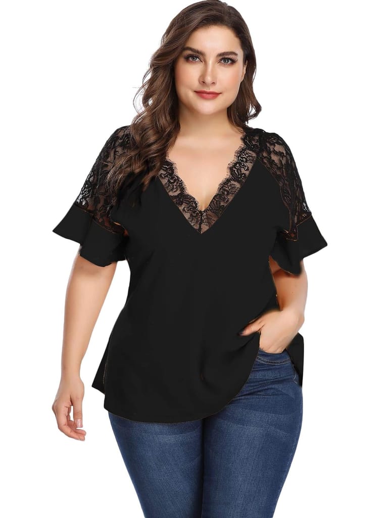 BELAROI Women's Plus Size Elegant Short Sleeve Work Office Lace Deep V Neck Flounce Blouse