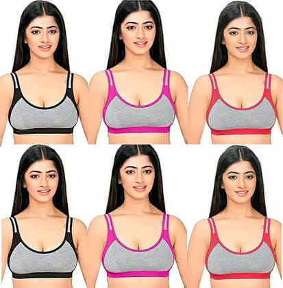 FASHION BONES Combo Pack of 6 Sports Non Padded Wire Free Bra Yoga Gym  Stretch Workout Cotton Bra for Women & Girls