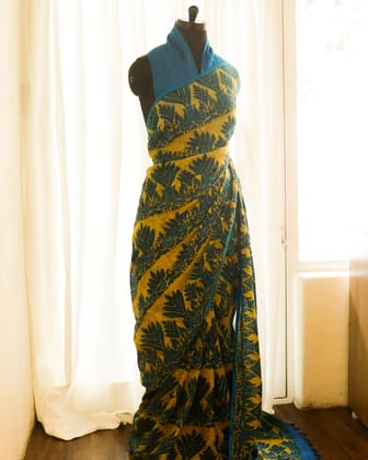 Pure Handloom Yellow with Blue Linen Silk Saree