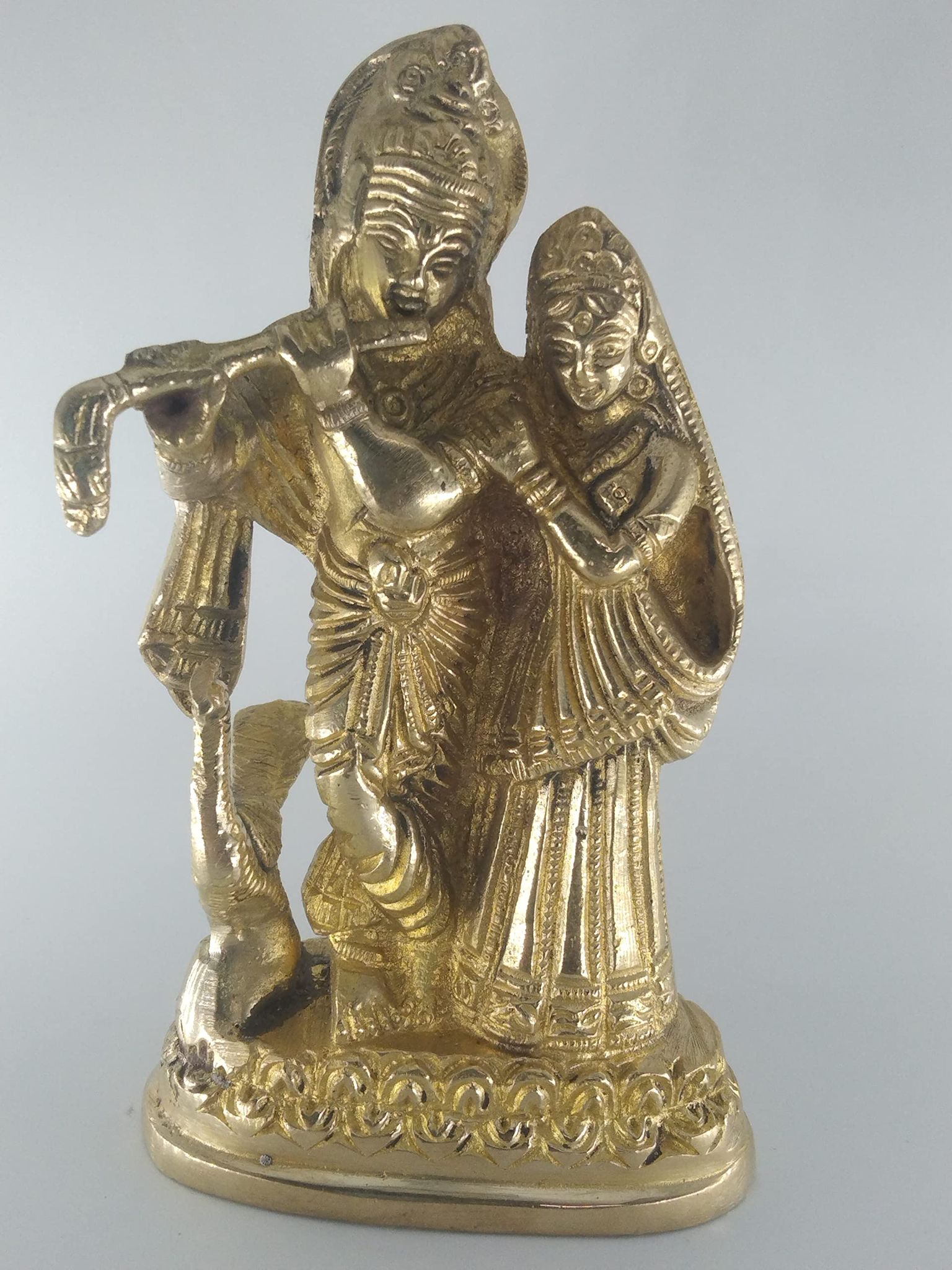 OJKMart Radha Krishna with Peacock Standing on Base 760gms Decorative Showpiece - 15 cm (Brass)