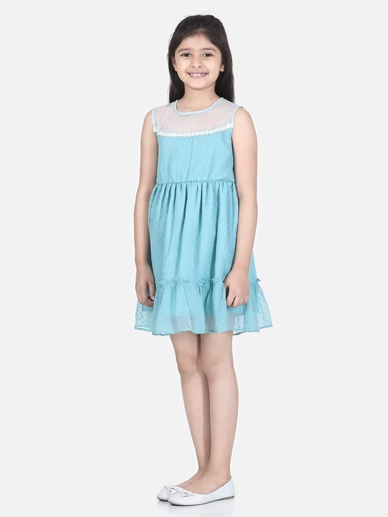 StyleStone Girls Blue Polyester Self Design Dress with Net and Lace Inserts (9362BluFairyDrs11-12)