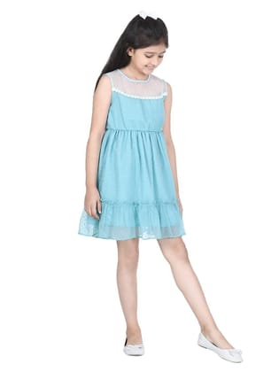 StyleStone Girls Blue Polyester Self Design Dress with Net and Lace Inserts (9362BluFairyDrs11-12)