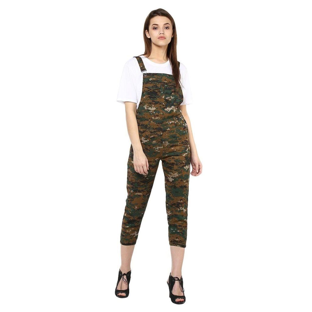 StyleStone (3204ArmyDungrL)-Women's Army Print Dungaree Pants Grey