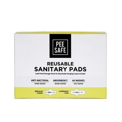 Pee Safe Reusable Sanitary Pads | Anti-Bacterial | Superb Absorbency | Lasts Up To 60 Washes | 3 Regular Pads + 1 Overnight Pad + 1 Leak Proof Pouch | Skin Friendly |� Comfortable & Easy TO Use | Pack of 4