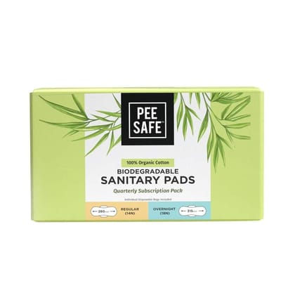 Pee Safe Organic Cotton Biodegradable Sanitary Pads, Quarterly Pack (14 Regular Pads & 18 Overnight Pads) | Anti-Bacterial | Superb Absorbency | Long Lasting Protection | Skin Friendly | Comfortable & Easy To Use
