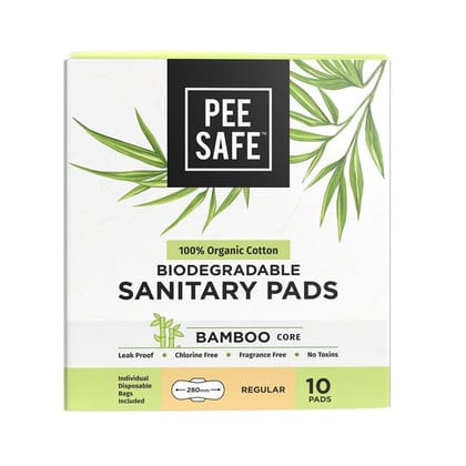 Pee Safe Organic Cotton Biodegradable Sanitary Pads, Regular | Anti-Bacterial | Superb Absorbency | Long Lasting Protection | Skin Friendly | Comfortable & Easy To Use | Pack of 10