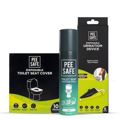 Pee Safe Toilet Hygiene Combo For Women | Toilet Seat Sanitizer Mint (75 ml) With Disposable Female Urination Device (6 Funnels) & Disposable Toilet Seat Cover (10 N) | Travel Friendly Pack