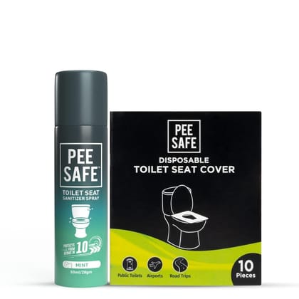 Pee Safe Toilet Hygiene Combo For Women | Toilet Seat Sanitizer Mint (50 ml) With Disposable Toilet Seat Cover (10 N) | Protects Against Germs | Easy To Carry | Travel Friendly Pack