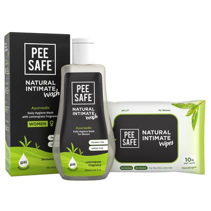 PEESAFE Pee Safe Natural Intimate Wash For Women - 105ml and Natural Intimate Wipes (Pack of 10 Wipes)