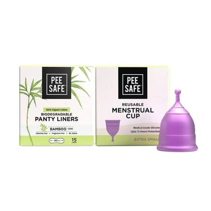 Pee Safe Menstrual Cup (Extra Small) & Bio Panty Liners for Women | 100% Biodegradable Panty Liners and FDA Approved Silicone Menstrual Cup Gives You Extra Comfort And Long Lasting Protection | Menstrual Hygiene