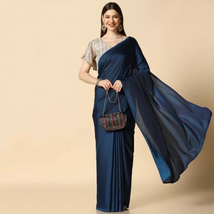 ASISA  Self Design Daily Wear Satin, Lycra Blend Saree  (Dark Blue)