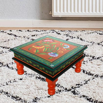 The Cocotier® Wood Carved Green Chowki Bajot for Pooja Home Temple, Hand Painted Stool, chaurang for pooja (30X30X17cms).