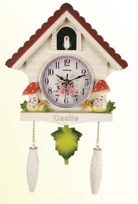 Three Secondz Cuckoo Mushrooms Wall Living Bird Alarm Clock Bell, 48cm x 46cm - Fixed Door Does not Open or Close (White)