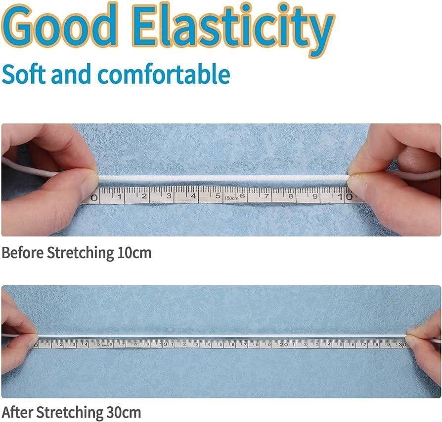 Cossess Premium Elastic Cord Strap 2mm White Round Stretchy Ear Loop Strap for Comfortable Ear Tie, Elastic Rope for Crafts DIY Sewing Scrunchie Making