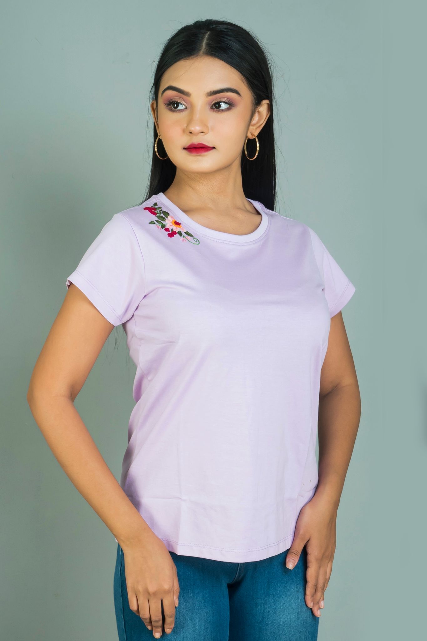 Hand embroidered women cotton T shirt floral design