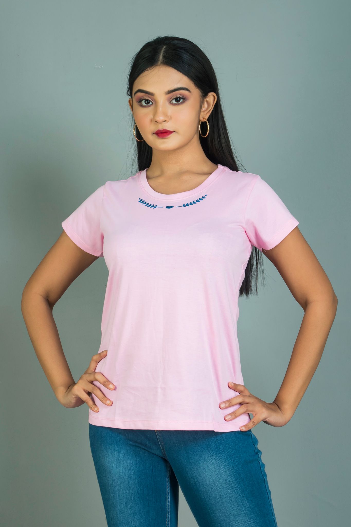 Hand embroidered women cotton T shirt floral design