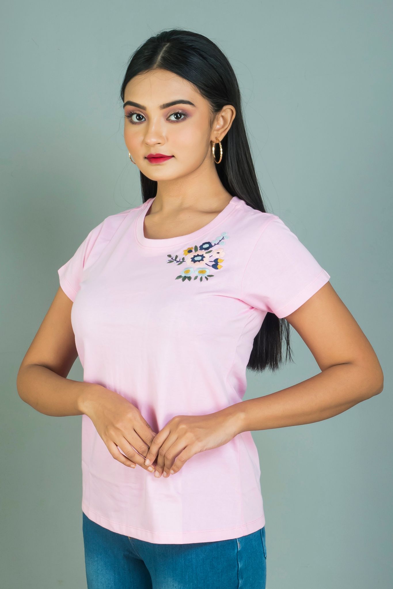 Light pink coloured Hand embroidered Women’s  cotton T shirt