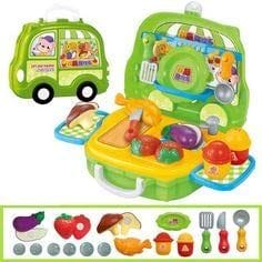 pluspoint Cartoon Bus Suitcase with Wheel Cooking Food ice Cream Fast Food Kitchen Pretend Play Set- Multi Color