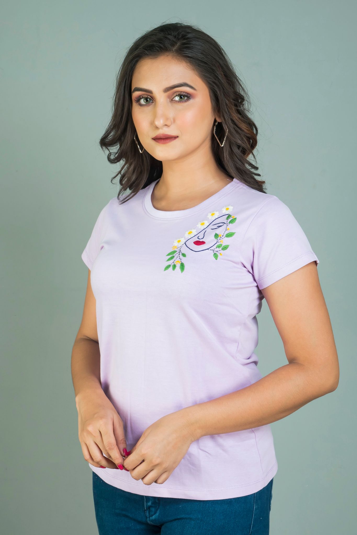 Lavender coloured hand embroidered Women’s  cotton T shirt