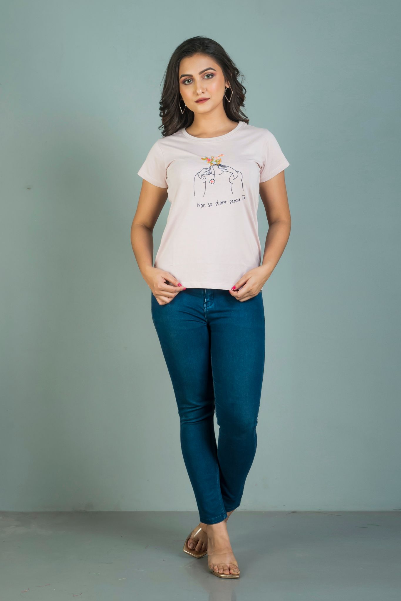 Light choco cream coloured hand embroidered Women’s  cotton t shirt.