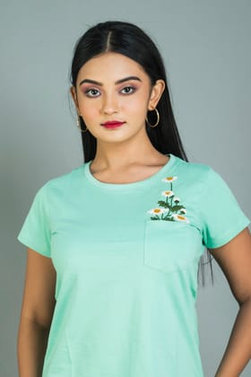 Women’s  T shirt with hand embroidery work light green coloured cotton T shirt
