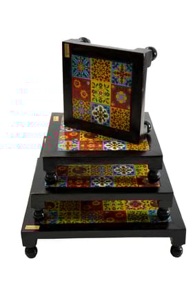Wooden Chowki with Ceramic Tiles - For Pooja, Weddings & Festivals (SET OF 4) Wooden Chowki with Ceramic Tiles - For Pooja, Weddings & Festivals (SET OF 4)