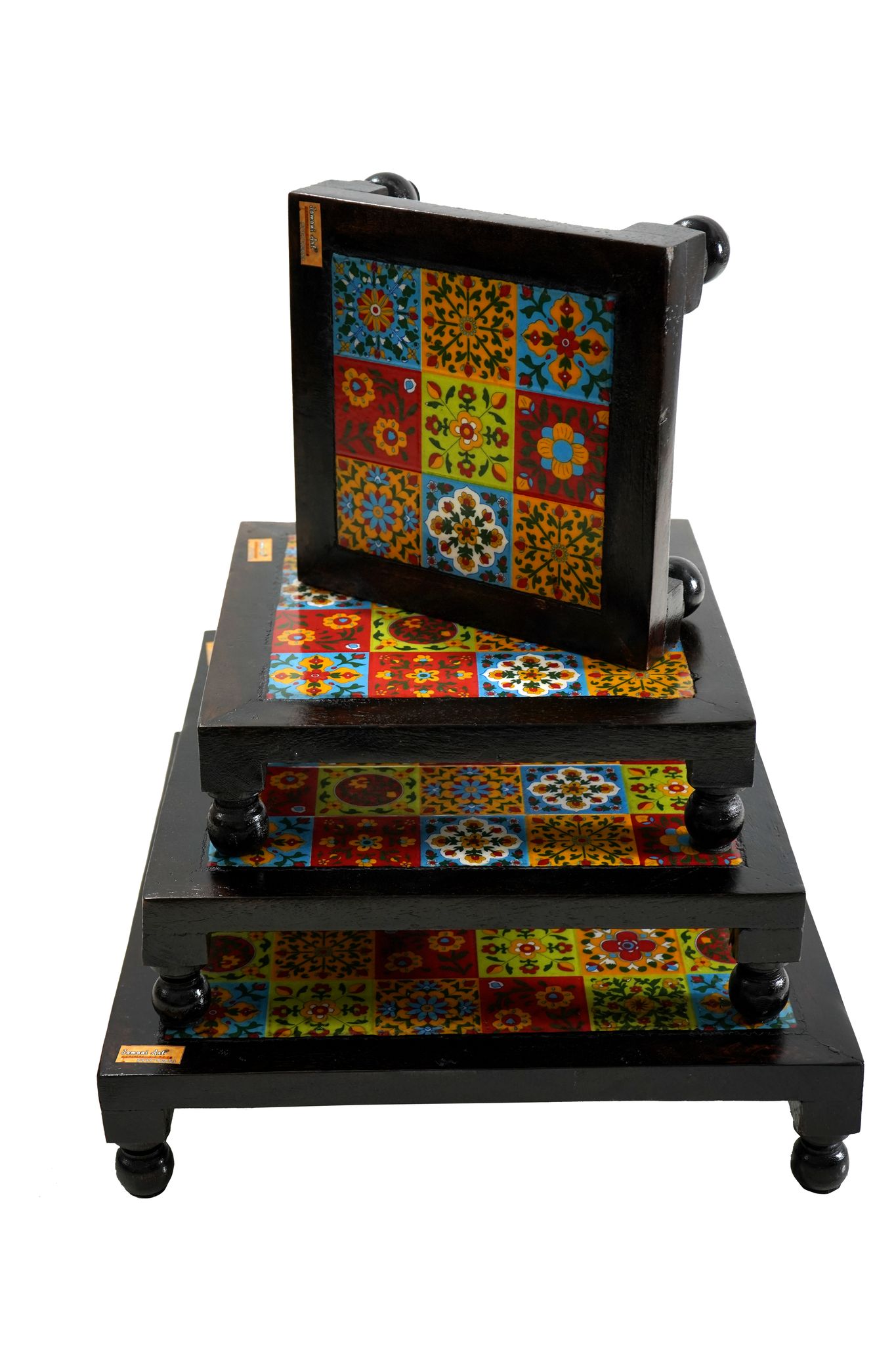 Wooden Chowki with Ceramic Tiles - For Pooja, Weddings & Festivals (SET OF 4)