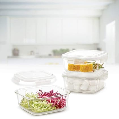 VIVA SMART clip N Store Microwave & Oven Safe, Glass Storage Container, 320 ml Square, With Air Tight Lid ( borosilicated glass)( SET OF 2)