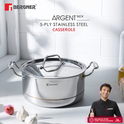 Bergner Argent 5CX 5-Ply Copper Core Stainless Steel Cooking Casserole/ Biryani Pot/ Handi with Lid,Induction Base, 24 cm (4.9ltr), Gas Ready