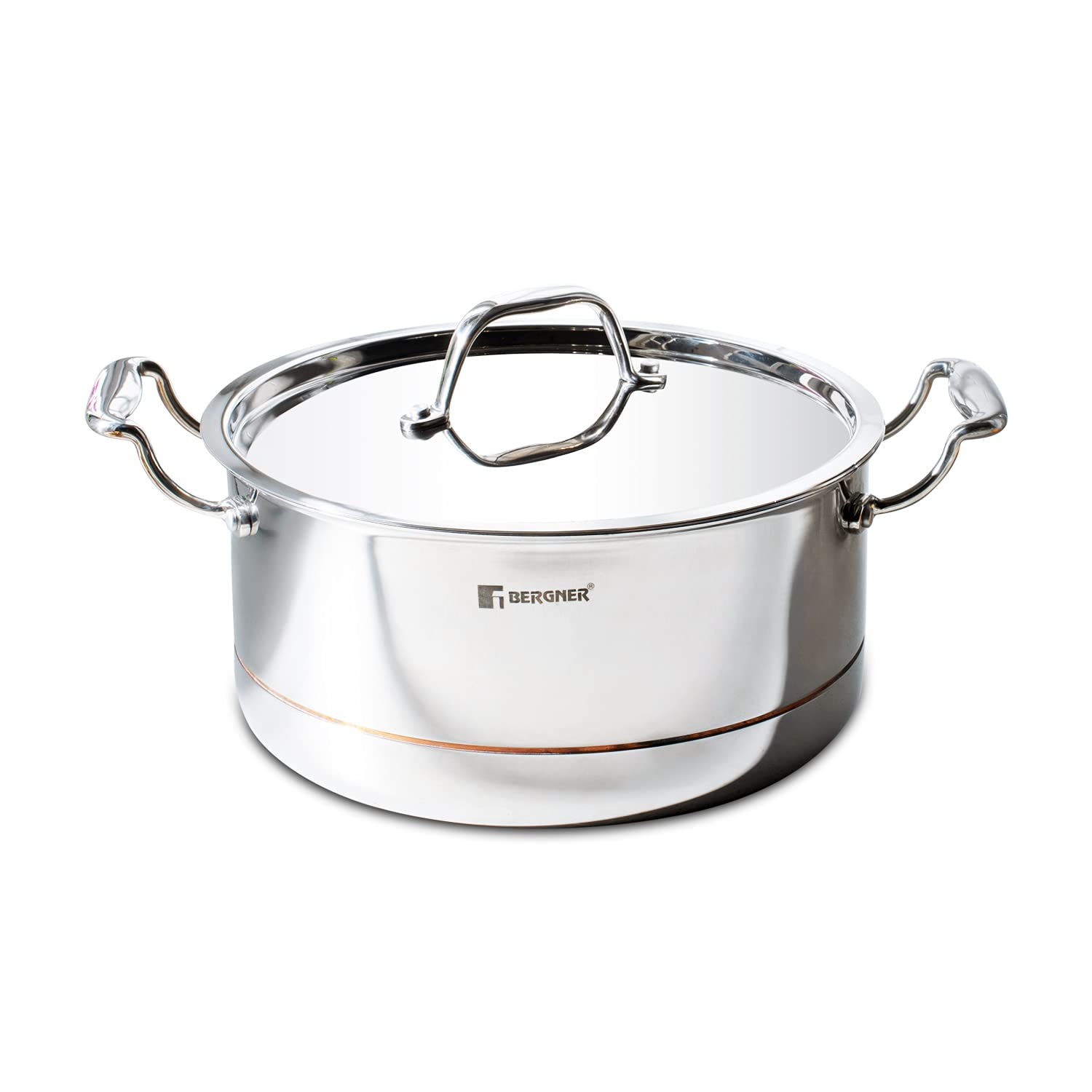 Bergner Argent 5CX 5-Ply Copper Core Stainless Steel Cooking Casserole/ Biryani Pot/ Handi with Lid,Induction Base, 24 cm (4.9ltr), Gas Ready