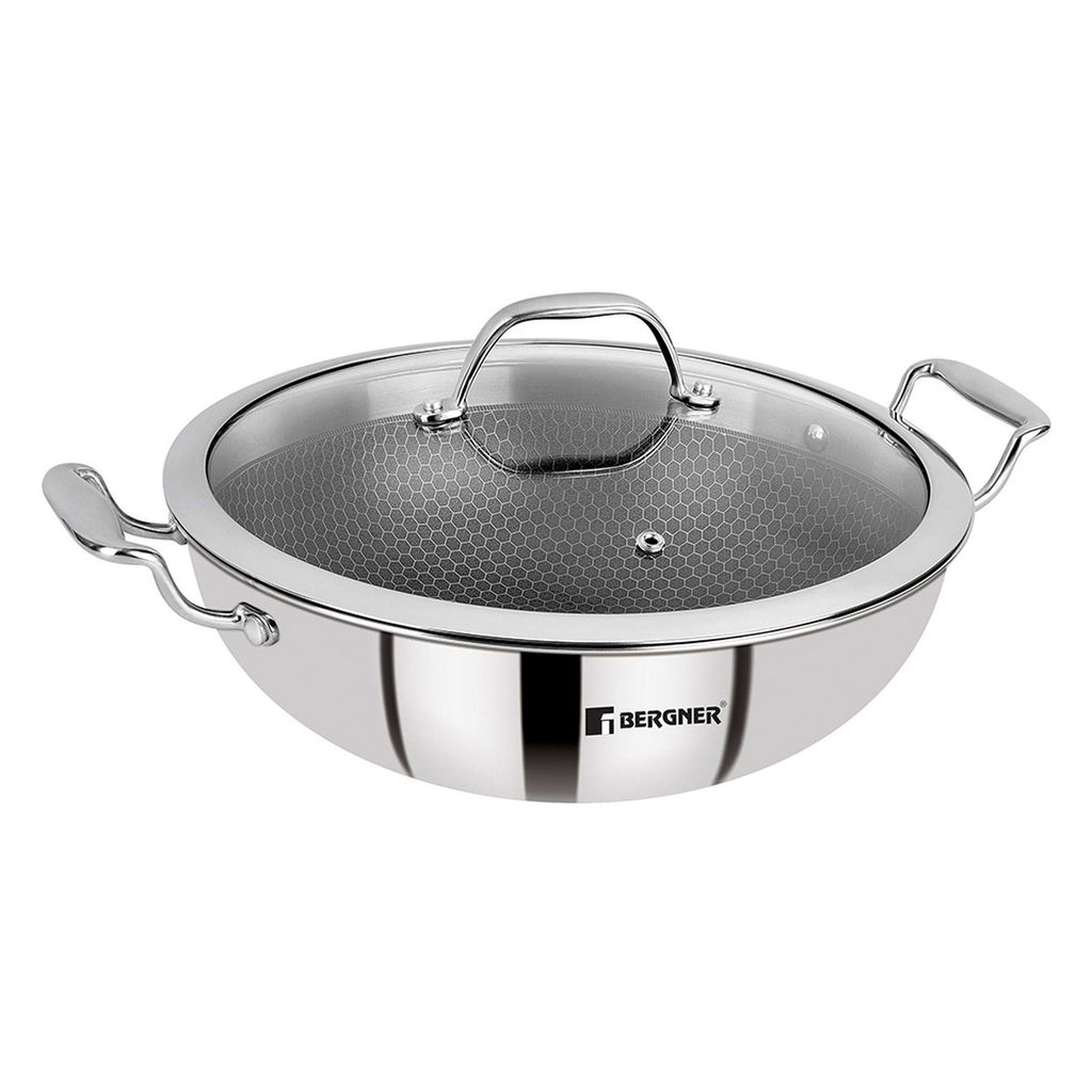 BERGNER Hi-Tech Triply Stainless Steel 20cm (1.5L) Kadai with Glass Lid, Honeycomb Healthy Non-Stick Coating, Non-Toxic, Less Oil Use, Healthy Cooking, Durable - Induction and Gas Stove Ready - Cookware | Buy online on ZillyBuy