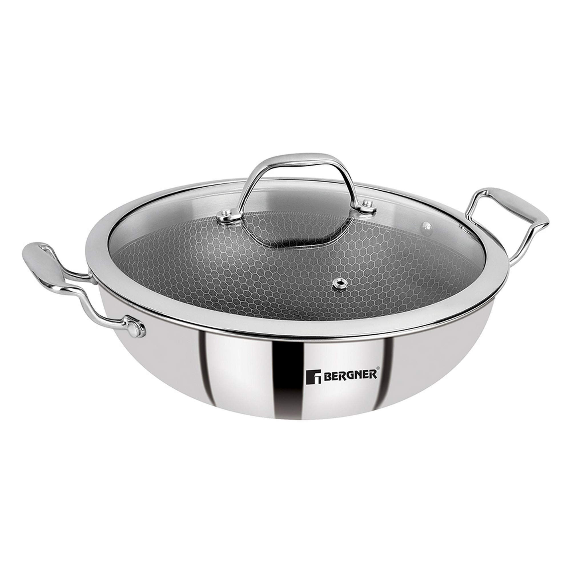 BERGNER Hi-Tech Triply Stainless Steel 20cm (1.5L) Kadai with Glass Lid, Honeycomb Healthy Non-Stick Coating, Non-Toxic, Less Oil Use, Healthy Cooking, Durable - Induction and Gas Stove Ready