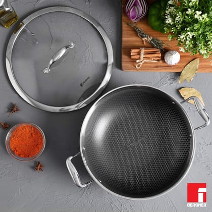 BERGNER Hi-Tech Triply Stainless Steel 20cm (1.5L) Kadai with Glass Lid, Honeycomb Healthy Non-Stick Coating, Non-Toxic, Less Oil Use, Healthy Cooking, Durable - Induction and Gas Stove Ready