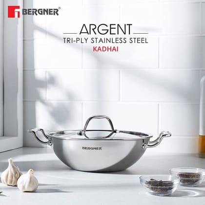 BERGNER Argent Triply 22cm (2.8 Liters) Deep Kadai with Stainless Steel Lid, Consumes Less Oil, Healthy Cooking, Sturdy Stay Cool Cast Handles, Even Heat Distribution - Induction and Gas Stove Ready